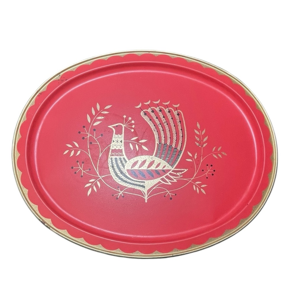 Vintage Fabcraft MCM 60s Peacock Coral Red Metal Tray